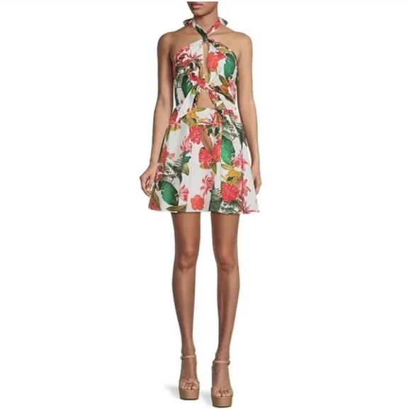NWT GIANNI BINI Tropical Floral Twist Cut Out Mini Dress, sz 0 - Picture 2 of 5